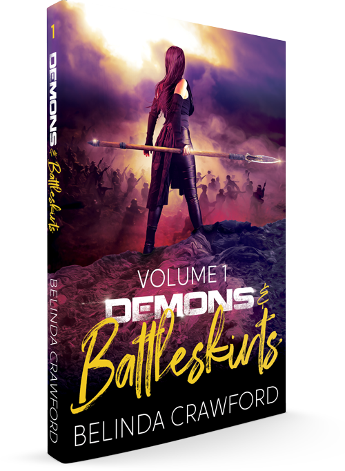 The paperback version of Demons & Battleskirts Volume 1. Features a woman overlooking a battlefield, she's holding a glaive in her right hand.